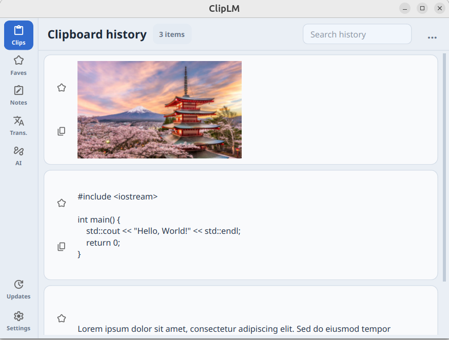ClipLM searchable clipboard history