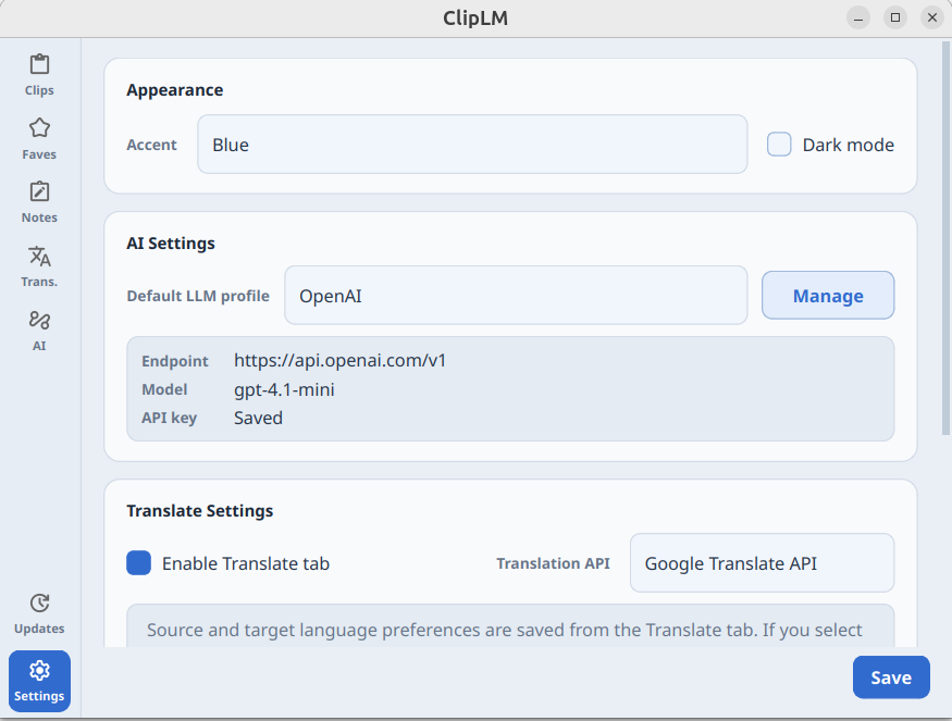 ClipLM appearance and provider settings